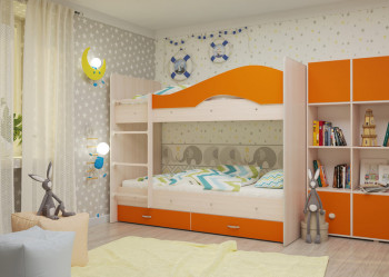 Кровать Мая двухъярусная с ящикамиМлечный дуб/Оранжевый в Улыбино - ulybino.mebel54.com | фото