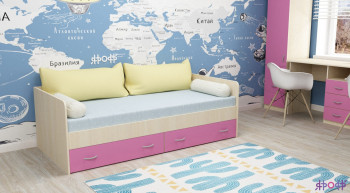 Кровать с выкатными ящиками Дуб Молочный/Розовый в Улыбино - ulybino.mebel54.com | фото