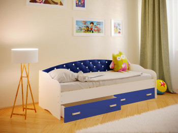 Кровать Софа-8 с мягкой спинкой со стразами (900х1900) Белый/Синий в Улыбино - ulybino.mebel54.com | фото