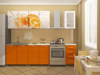 Кухонный гарнитур 1,6м Апельсин (Белый/Оранжевый металлик/Фотопечать апельсин) в Улыбино - ulybino.mebel54.com | фото