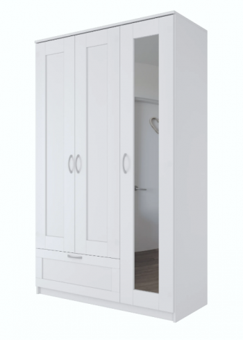 Шкаф трехдверный Сириус с зеркалом и 1 ящиком белый в Улыбино - ulybino.mebel54.com | фото